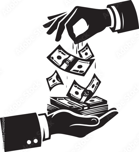 A black silhouette vector of a hand holding a bundle of cash, with some bills floating downward, all set against a solid white background. 