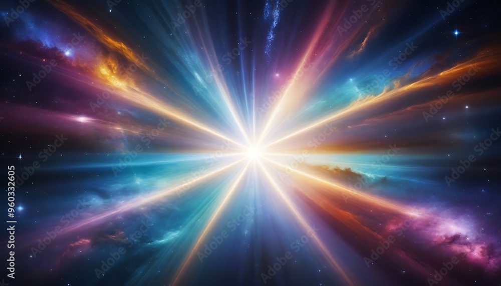Vibrant cosmic scene with colorful light rays radiating from a central star, creating a mesmerizing galaxy effect. Vibrant cosmic scene with colorful light rays radiating from a central star, creating a mesmerizing galaxy effect.