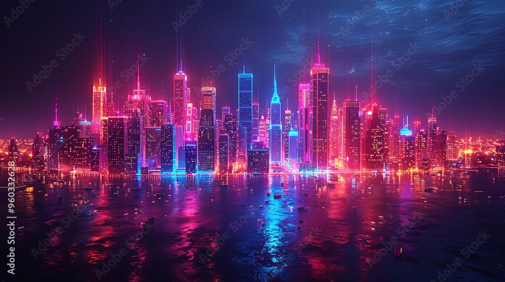 Cityscape on a dark background with bright and glowing neon purple and blue lights. Night city with futuristic urban architecture. Growing metropolis, city development neon colors. 3d rendering Cityscape on a dark background with bright and glowing neon purple and blue lights. Night city with futuristic urban architecture. Growing metropolis, city development neon colors. 3d rendering