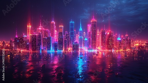 Cityscape on a dark background with bright and glowing neon purple and blue lights. Night city with futuristic urban architecture. Growing metropolis, city development neon colors. 3d rendering