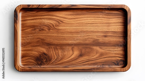 Top view of a blank wooden serving tray, rich walnut wood with a polished finish, soft ambient lighting, modern and sleek design, gentle shadow lines, warm and elegant mood, highly detailed