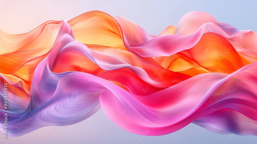 Flowing fabric waves in vibrant shades of pink, orange, and purple create a stunning visual effect against a soft background Flowing fabric waves in vibrant shades of pink, orange, and purple create a stunning visual effect against a soft background