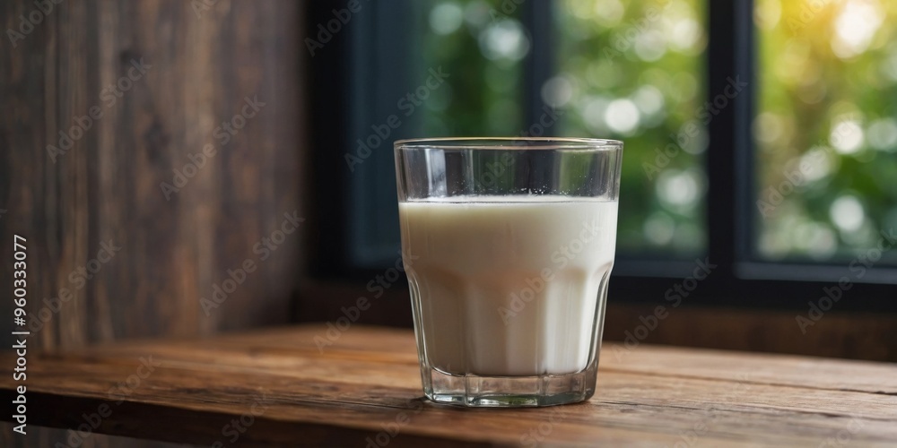 A glass of milk is sitting on a wooden table. A glass of milk is sitting on a wooden table.