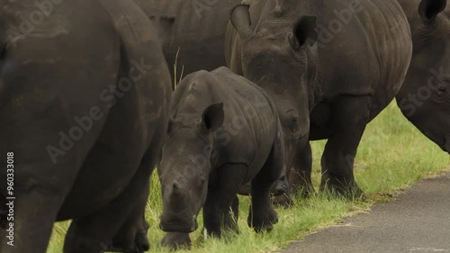 Rare Footage of White horn Rhino herd with small baby walking breeding in South Africa savannah road. Safari national park. Wildlife exotic country. Wild nature mammal animals in natural habitat. photo