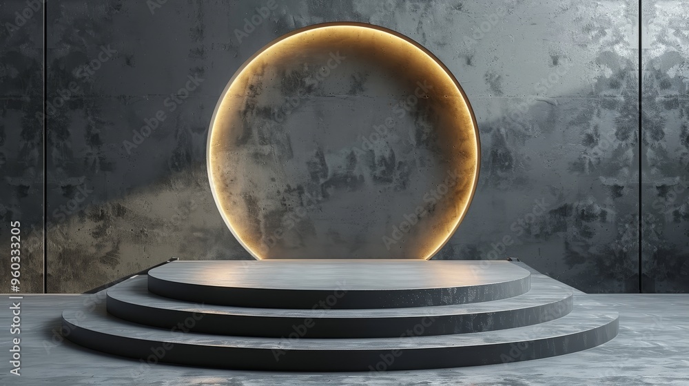 Fototapeta premium Modern stage design featuring a circular light and sleek steps, ideal for presentations and showcases in contemporary settings.