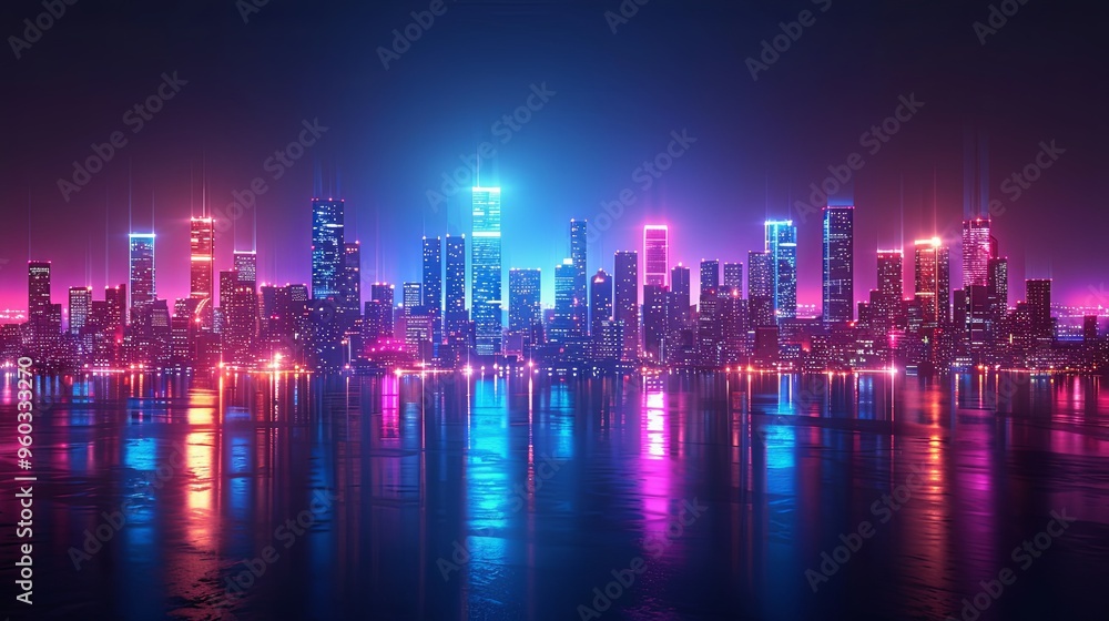 Cityscape on a dark background with bright and glowing neon purple and blue lights. Night city with futuristic urban architecture. Growing metropolis, city development neon colors. 3d rendering Cityscape on a dark background with bright and glowing neon purple and blue lights. Night city with futuristic urban architecture. Growing metropolis, city development neon colors. 3d rendering
