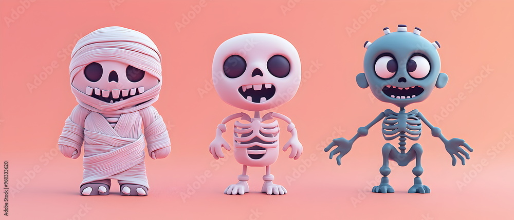 A vector set of 3 Halloween characters in 3d clay design, a Mummy, a Frankenstein with the silly face, and a Skeleton, adorable and festive, isolated on a clean pastel color background A vector set of 3 Halloween characters in 3d clay design, a Mummy, a Frankenstein with the silly face, and a Skeleton, adorable and festive, isolated on a clean pastel color background