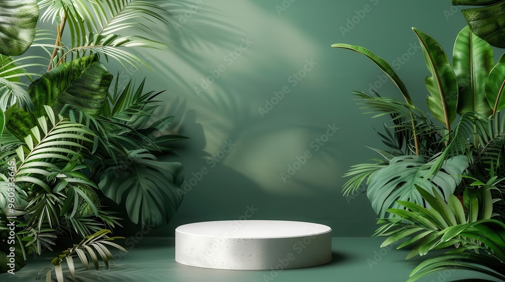 tropical forest product display pedestal on lush green background 3d rendering tropical forest product display pedestal on lush green background 3d rendering