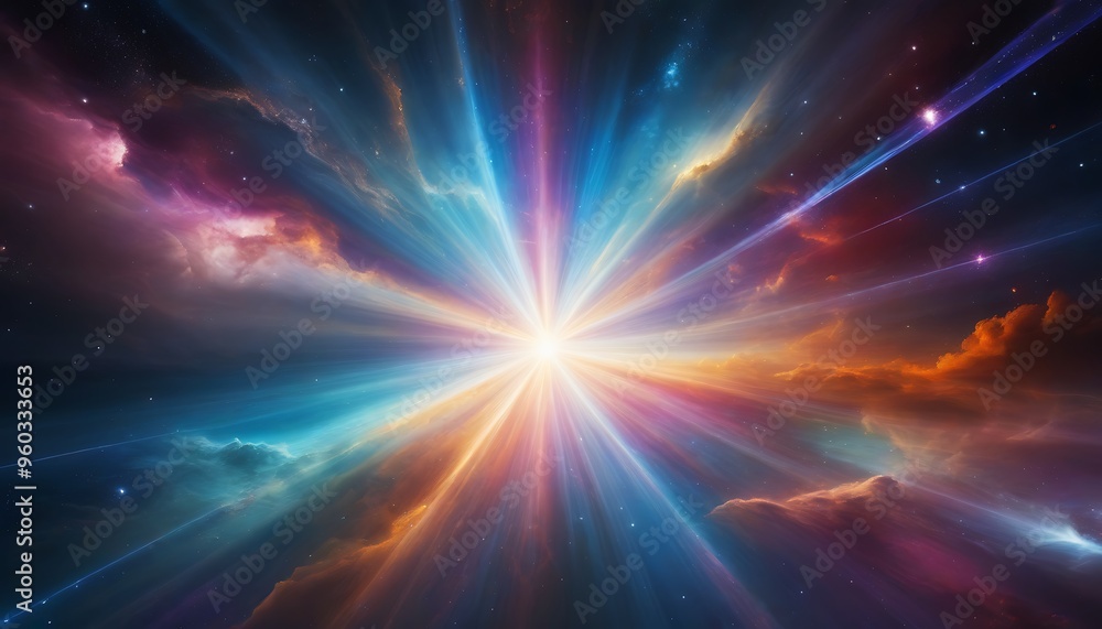 Vibrant cosmic scene with colorful light rays radiating from a central star, creating a mesmerizing galaxy effect. Vibrant cosmic scene with colorful light rays radiating from a central star, creating a mesmerizing galaxy effect.
