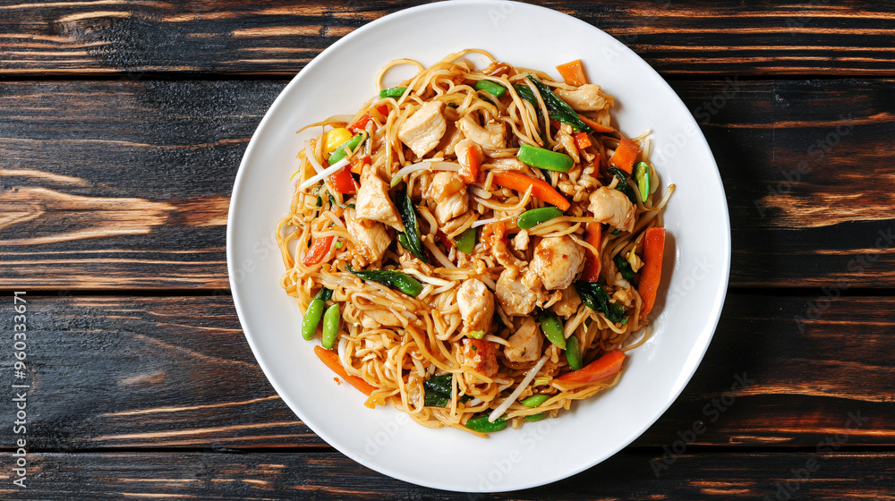 Top view of chicken and vegetable stir fry noodles served on a white plate on a dark wooden table