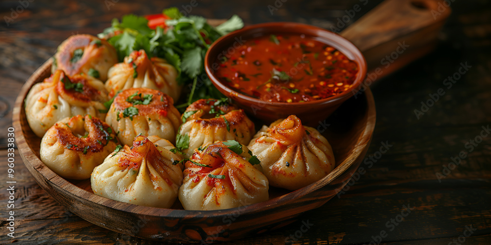 Bamboo steamer of juicy xiao long bao dumplings, garnished with a dollop of red sauce isolated top view Bamboo steamer of juicy xiao long bao dumplings, garnished with a dollop of red sauce isolated top view