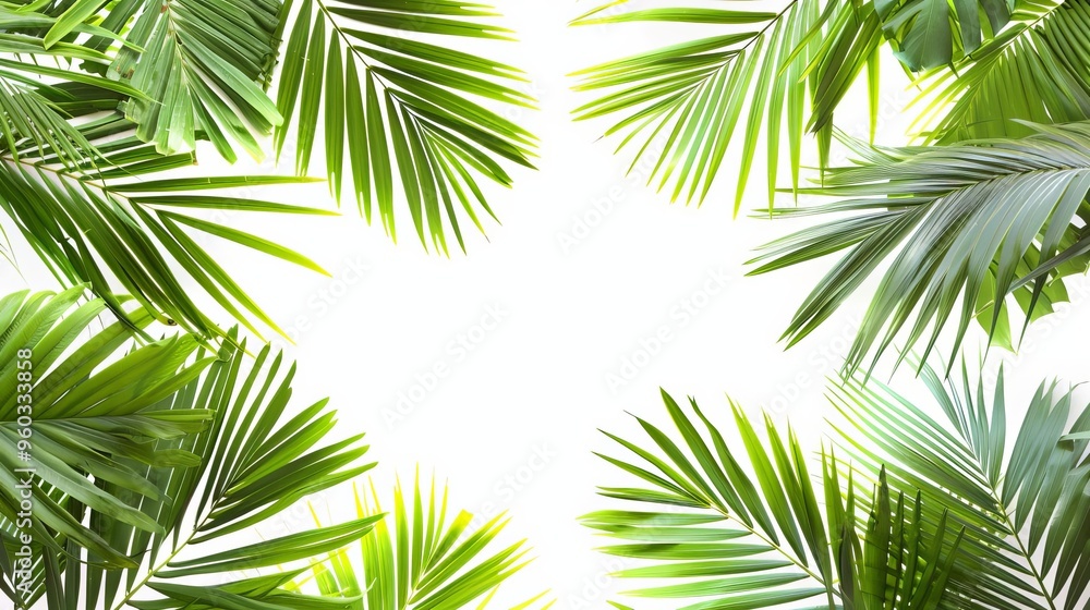 tropical frame with lush green palm leaves and branches isolated on white background tropical frame with lush green palm leaves and branches isolated on white background