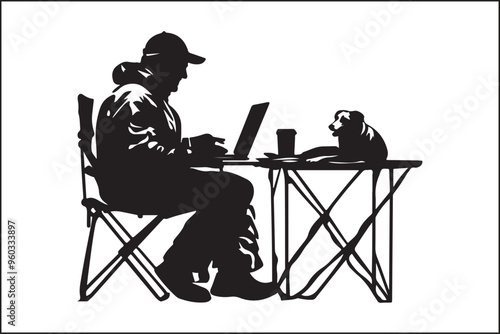 camping Silhouette of a Man Working on Laptop in Nature photo