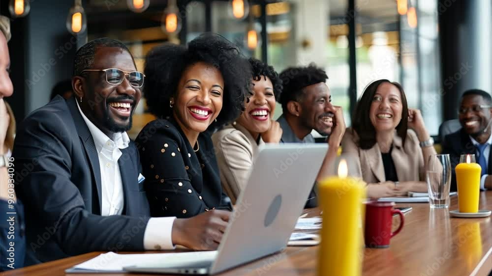 Joyful Collaboration: A diverse group of colleagues shares a laugh during a meeting, demonstrating the positive and inclusive work environment of a modern company. The image showcases genuine smiles a Joyful Collaboration: A diverse group of colleagues shares a laugh during a meeting, demonstrating the positive and inclusive work environment of a modern company. The image showcases genuine smiles a