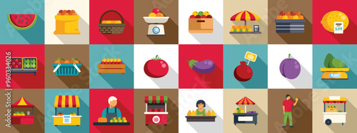 Street food fruit market icons set. Vibrant flat design icons representing various aspects of a bustling farmers market, including stalls, vendors, and a variety of fresh fruits and vegetables