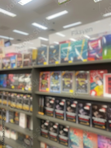 Defocused image of bookshelves in bookstore.