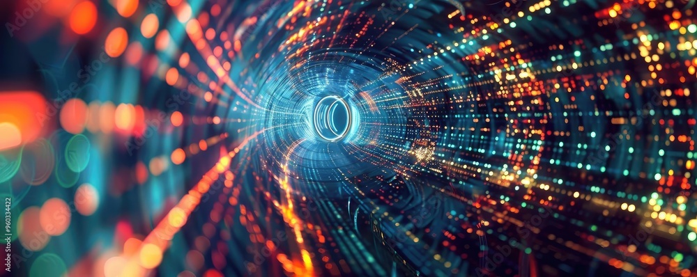 Obraz premium A captivating digital tunnel filled with vibrant lights, creating a sense of depth and motion in a virtual space.