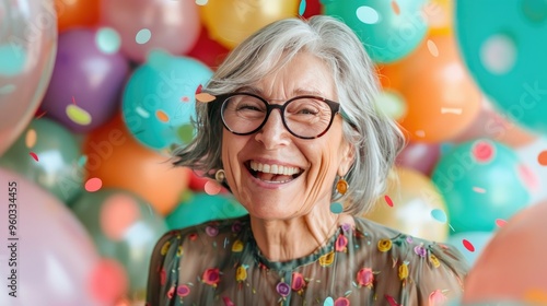 Happy senior woman with gray hair wearing stylish clothes and eyeglasses. smiling and looking at balloons during the geeks party.