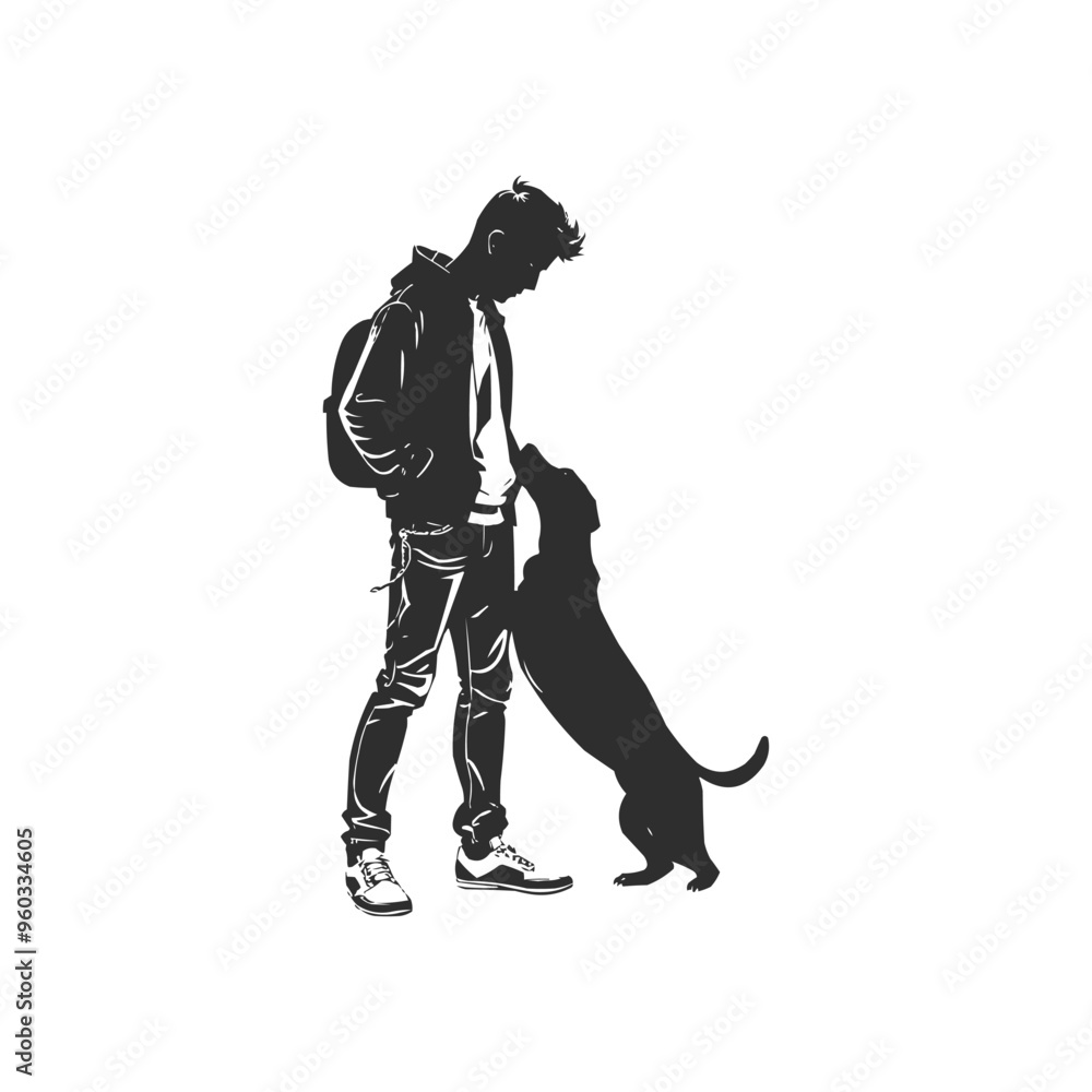 Fototapeta premium Boy And His Dog Vector Silhouette. pet care illustration