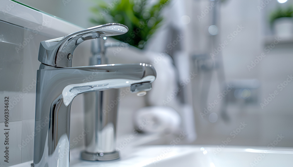close up view of nice metal faucet in modern bathroom close up view of nice metal faucet in modern bathroom