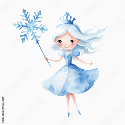 A cute fairy godmother character with light blue and white colors, holding snowflake wand, radiating magical and joyful vibe.