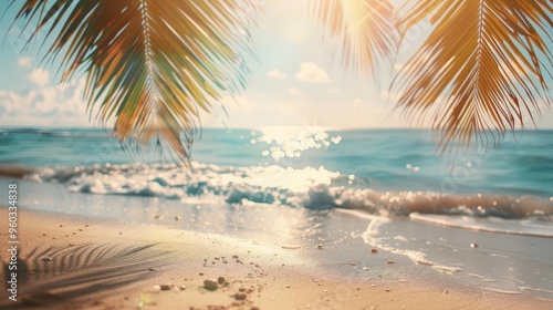 tropical paradise getaway sunkissed beach with swaying palms dreamy summer vacation scene soft focus photography photo