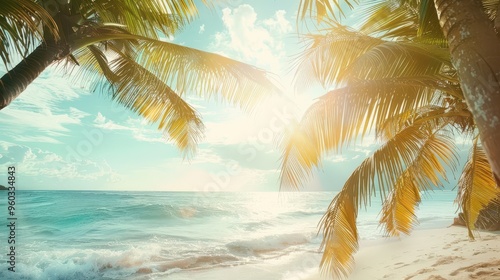 tropical paradise getaway sunkissed beach with swaying palms dreamy summer vacation scene soft focus photography photo