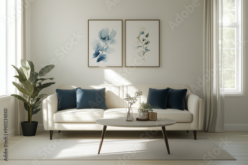 Wallpaper Mural Beautiful House or apartment livingroom interior design for a mockup home decor model concept, Sofa with pillows and abstract poster art, bright sun light coming through windows Torontodigital.ca