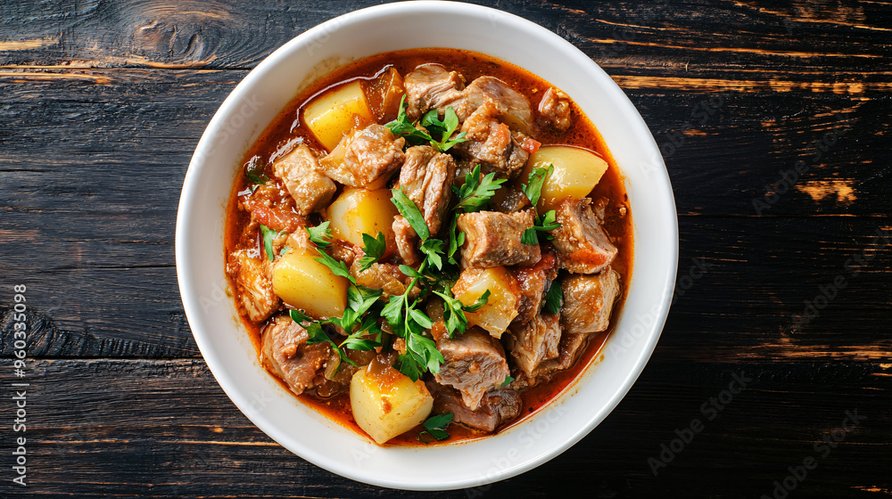 Hearty and comforting beef stew featuring tender chunks of meat, potatoes, and a flavorful rich gravy Hearty and comforting beef stew featuring tender chunks of meat, potatoes, and a flavorful rich gravy