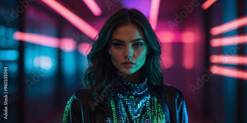 High Fashion Model in Neon Lighting with Dramatic Shadows. photo