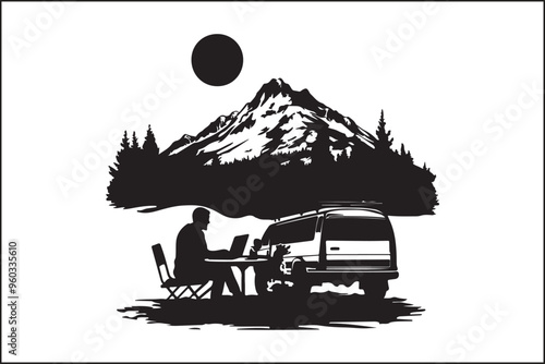 camping Silhouette of a Man Working on Laptop in Nature photo