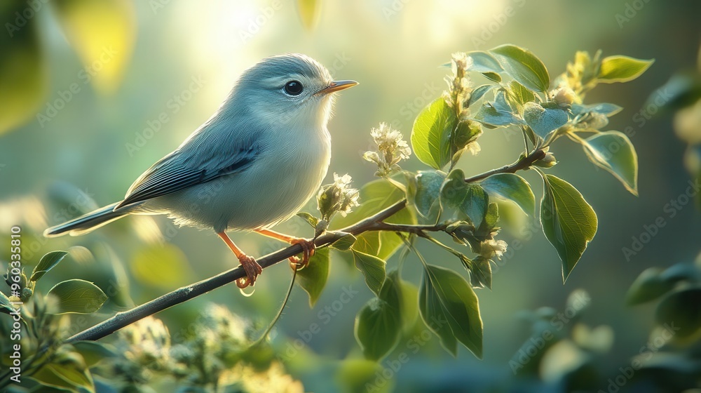 delicate grey and white songbird perched on a thin branch surrounded by lush green foliage capturing a moment of natural serenity delicate grey and white songbird perched on a thin branch surrounded by lush green foliage capturing a moment of natural serenity