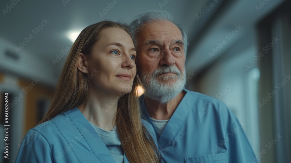 Elderly doctor and young nurse in blue uniforms, symbolizing teamwork and mentorship in healthcare. Elderly doctor and young nurse in blue uniforms, symbolizing teamwork and mentorship in healthcare.