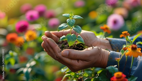 Nurturing growth in a vibrant flower garden, a hand gently cradling a young plant amidst a kaleidoscope of colors