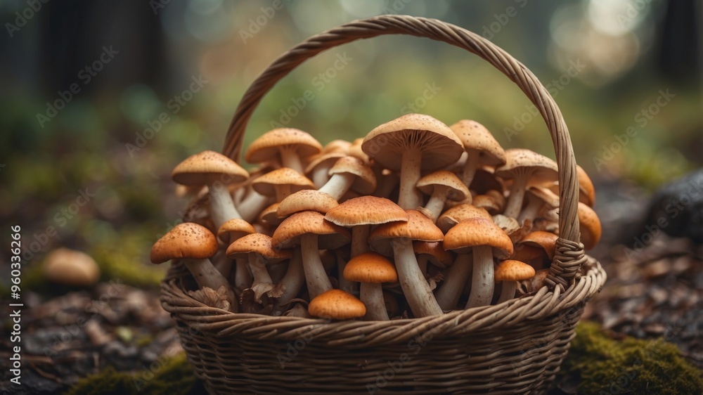 Basket filled with freshly picked mushrooms. Basket filled with freshly picked mushrooms.