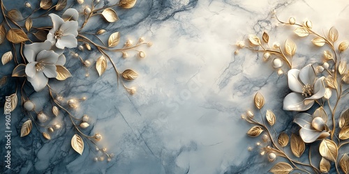 Elegant Floral Leaves on Marble with Gold Accents