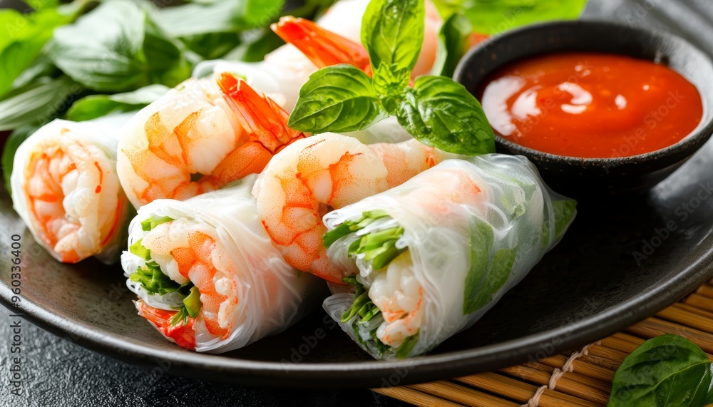 A plate of Vietnamese spring rolls with shrimp, fresh vegetables, and dipping sauce, served on a bamboo mat A plate of Vietnamese spring rolls with shrimp, fresh vegetables, and dipping sauce, served on a bamboo mat