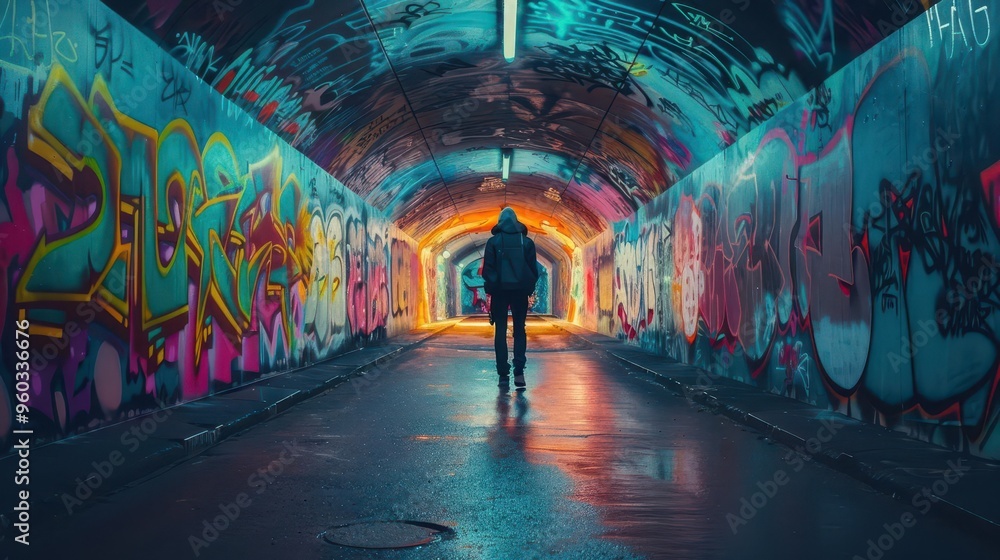Fototapeta premium tunnel vision colorful graffiti in urban tunnel female perspective photography