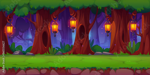 Night forest game landscape with magic lanterns. Cartoon vector dark enchanting wood scene with glowing lamps hanging amidst tall trees, illuminating the path. Magical, fantasy game level background