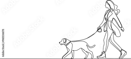continuous single line drawing of woman walking her dog, line art vector illustration
