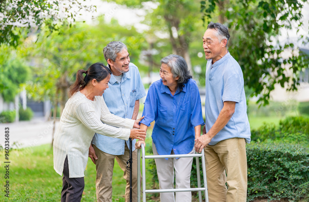 group of cheerful senior people with rehabilitation equipment enjoy talking together in the garden,happy older adult with friends in nature,concept of elderly lifestyle,aging society,family,friendship group of cheerful senior people with rehabilitation equipment enjoy talking together in the garden,happy older adult with friends in nature,concept of elderly lifestyle,aging society,family,friendship