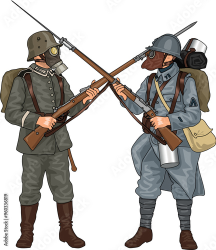 First World War German and French Soldiers in Gas Masks Crossing Each Others Rifles with Bayonets, Illustration Isolated on White Background, EPS 10 Vector