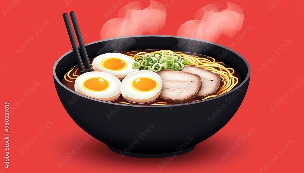 A steaming bowl of ramen with perfectly cooked soft-boiled eggs, spring onions, and slices of tender pork in a rich broth A steaming bowl of ramen with perfectly cooked soft-boiled eggs, spring onions, and slices of tender pork in a rich broth