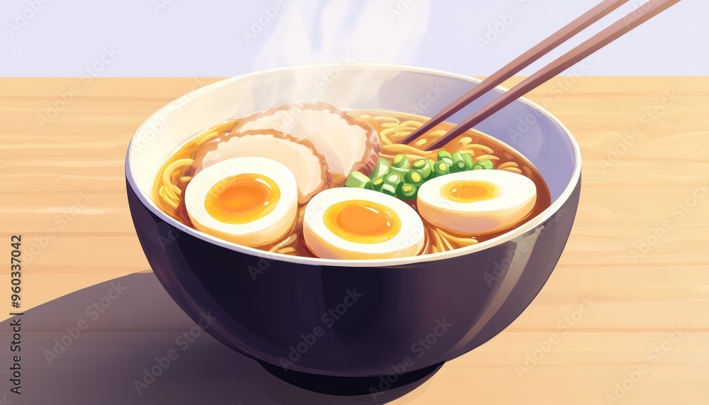 A steaming bowl of ramen with perfectly cooked soft-boiled eggs, spring onions, and slices of tender pork in a rich broth A steaming bowl of ramen with perfectly cooked soft-boiled eggs, spring onions, and slices of tender pork in a rich broth