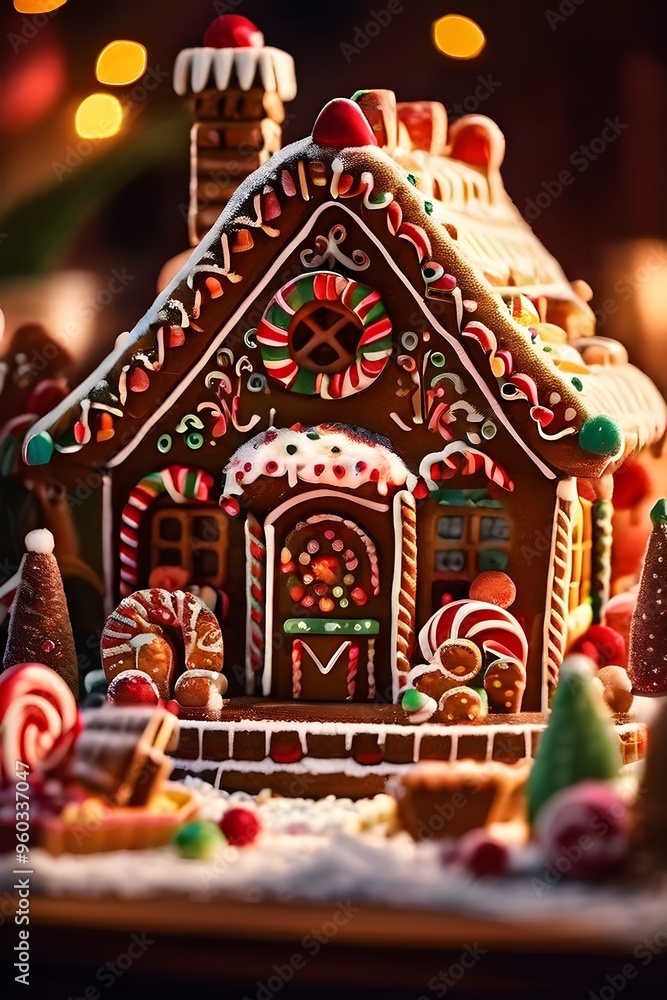 gingerbread house decorations, focusing on the intricate icing details, colorful candy, and soft, warm light creating a cozy festive ambiance, AI generated gingerbread house decorations, focusing on the intricate icing details, colorful candy, and soft, warm light creating a cozy festive ambiance, AI generated
