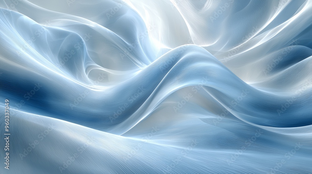 Soft, flowing blue and white fabric creates an ethereal atmosphere, illuminated by diffused light in a serene setting Soft, flowing blue and white fabric creates an ethereal atmosphere, illuminated by diffused light in a serene setting