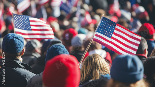 political rally in america where people are holding several flags