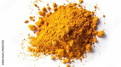 Fototapeta Naklejka Na Ścianę i Meble -  turmeric powder pile isolated on white vibrant yellow spice heap top view food photography