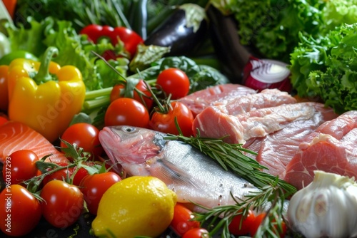 meat, salad, fish, dietary, alimentation, assorted, grocery, vegetable, fresh