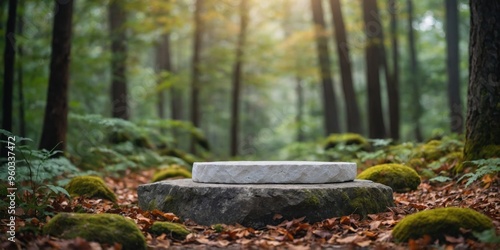 A white stone podium in the forest with copy space for showing you product. photo